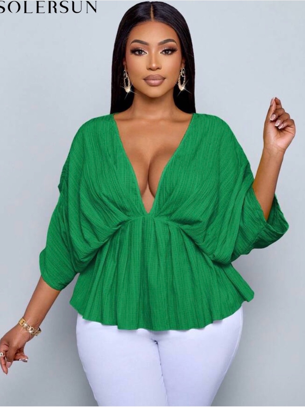 SHEIN Women's Deep V-Neck Green Peplum Top